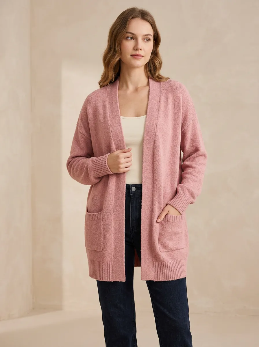 Women's Casual Pink Solid Open Front Knit Cardigan