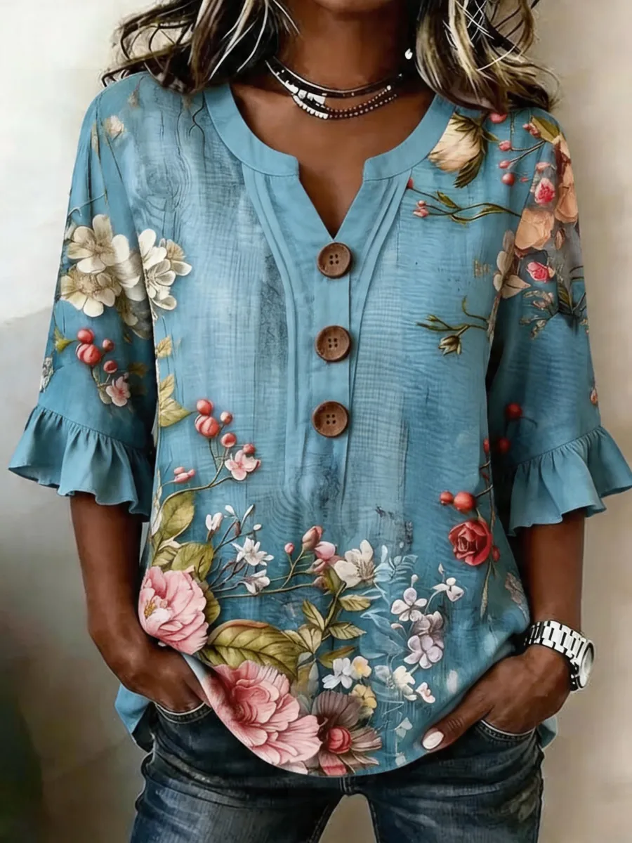 Women's Floral Print Linen Shirt