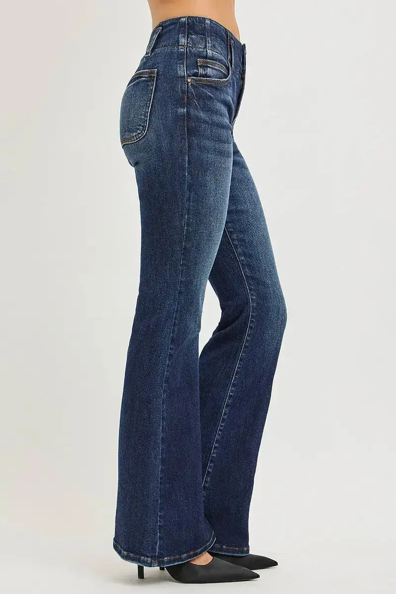 High Rise Flare Retro Style Pocketed Denim Jeans