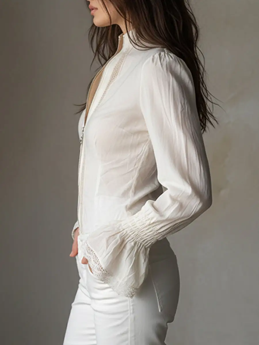 Bohemian Zip Front Lace Trim Bell Sleeves Cotton Blend Blouse