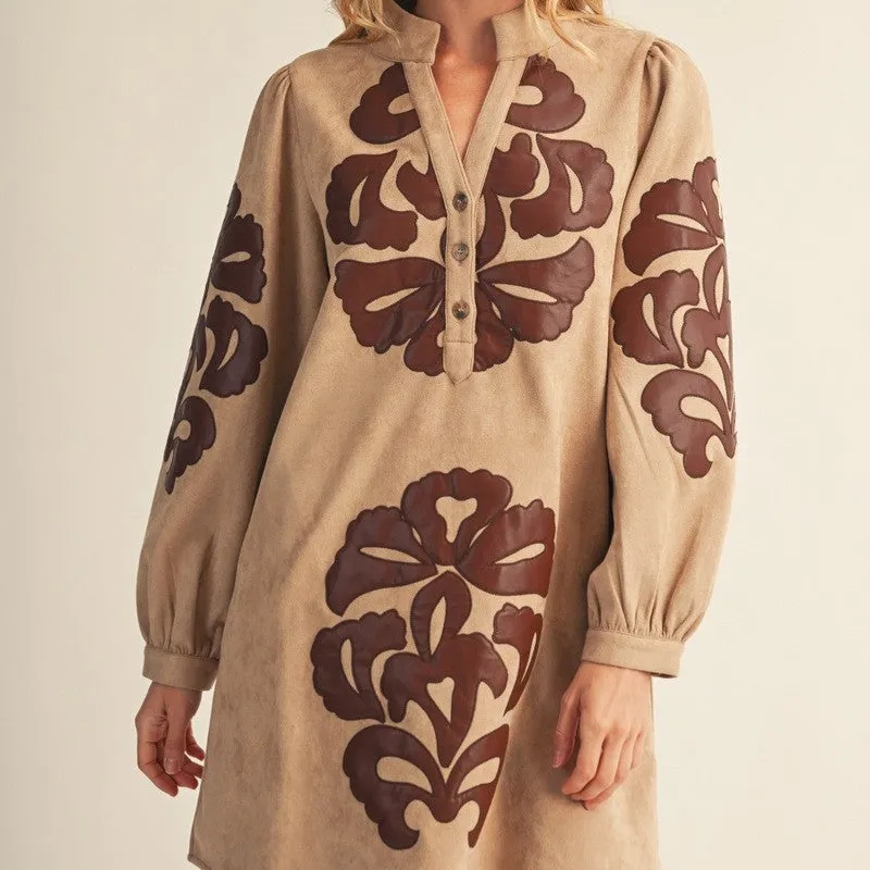 Embroidered Faux Suede Suede Long Sleeve Dress