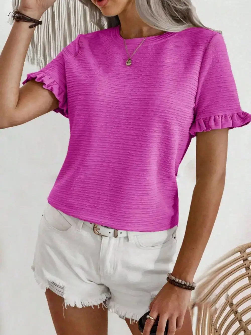 Textured Ruffle Sleeve Round Neck Blouse