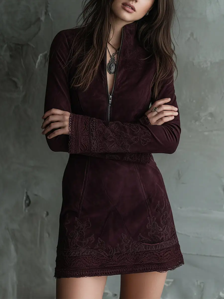 Vintage Suede Embroidered Lace Trim Mini Dress