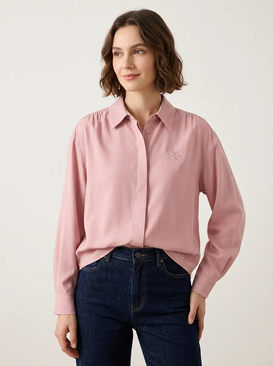 Women's Pink Butterfly Minimalist Embroidered Button-up Shirt