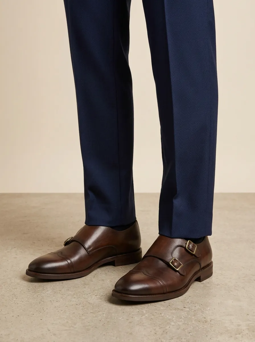 Men's Classic Leather Double Monk Strap Dress Shoes