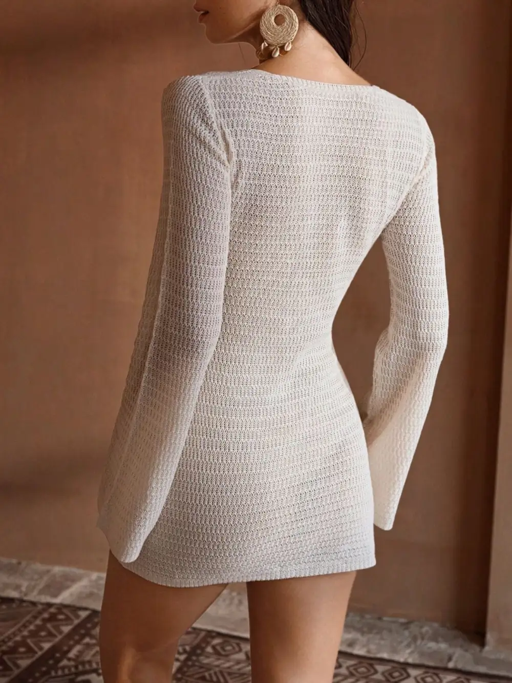 Crochet Knit Long Sleeve Dress Swim Cover Up