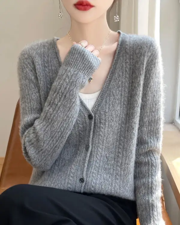 Merino-Wool Wool Button-Front V-Neck Cardigan
