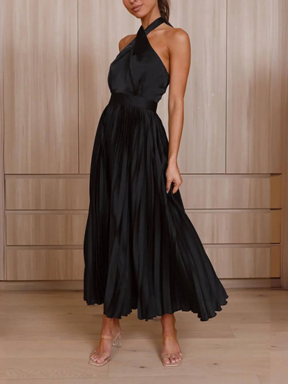 Neckline Pleated Vacation Occasion Dresses Midi Dress