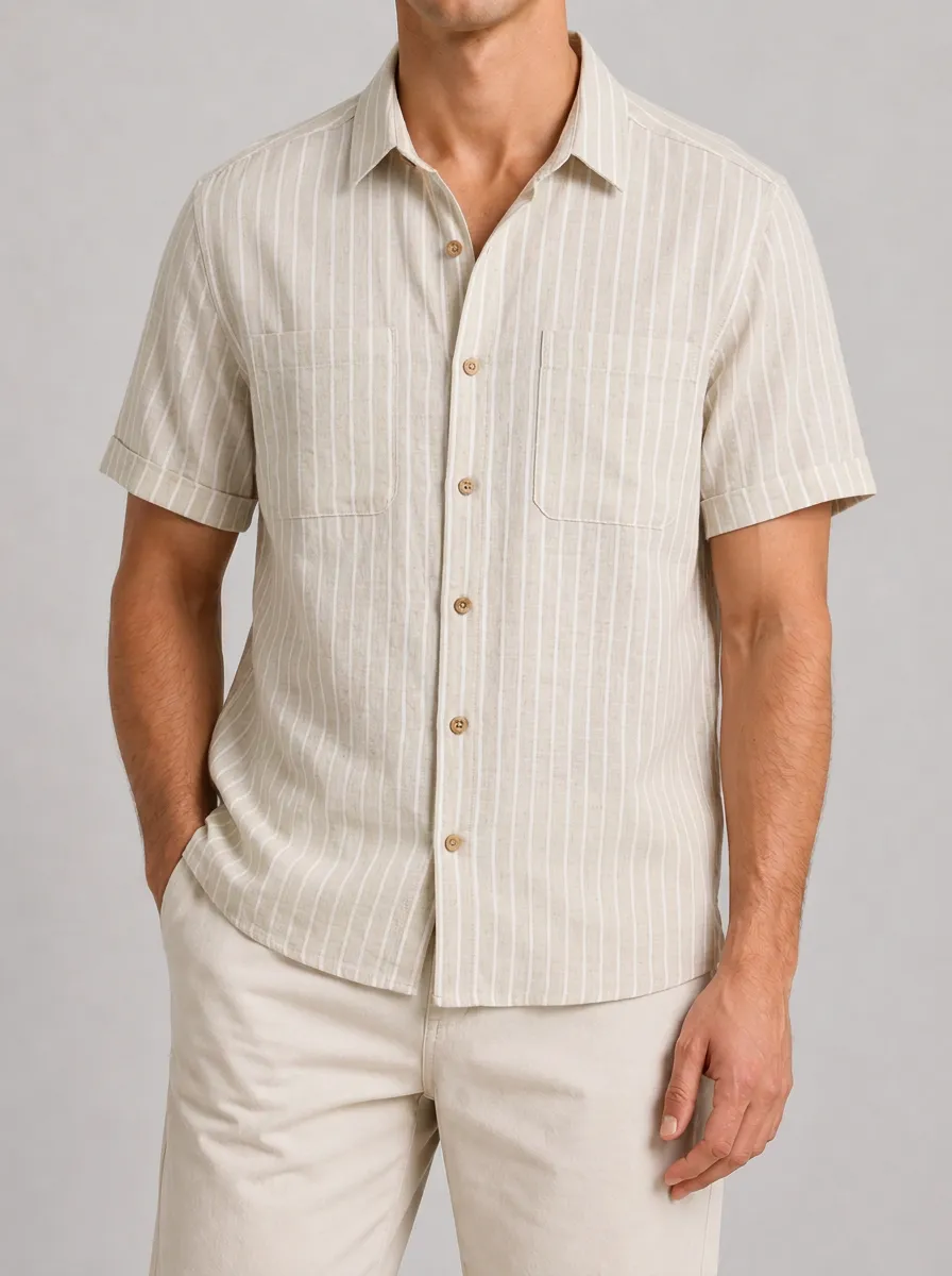 Men's Casual Summer Beige Vertical Striped Button Down Shirt