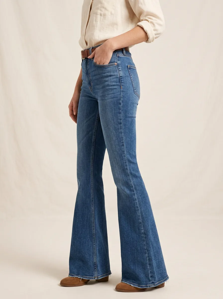 Women's Vintage Style High Waisted Blue Denim Flare Jeans