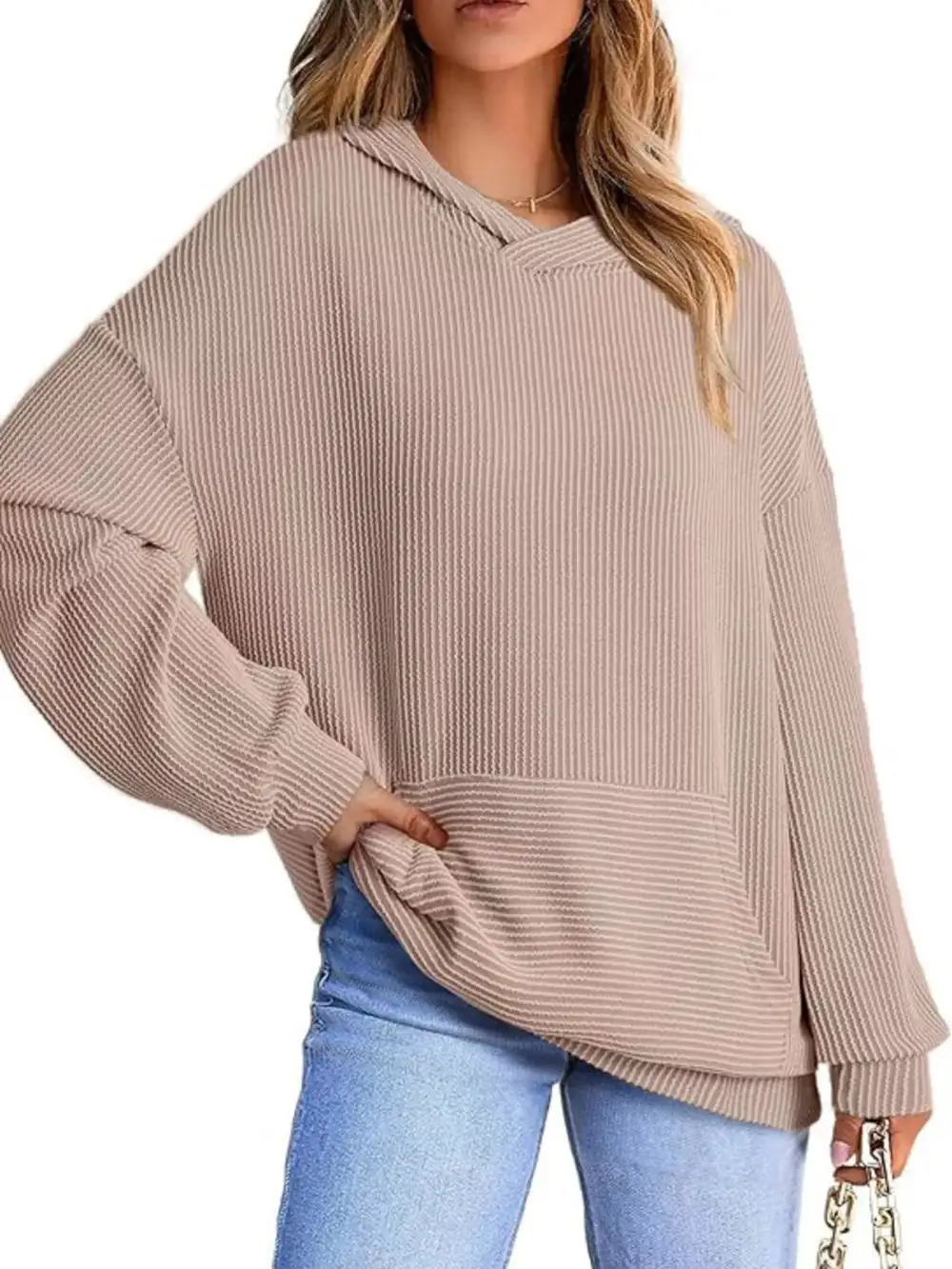 Pocketed Oversized Ribbed Hoodie