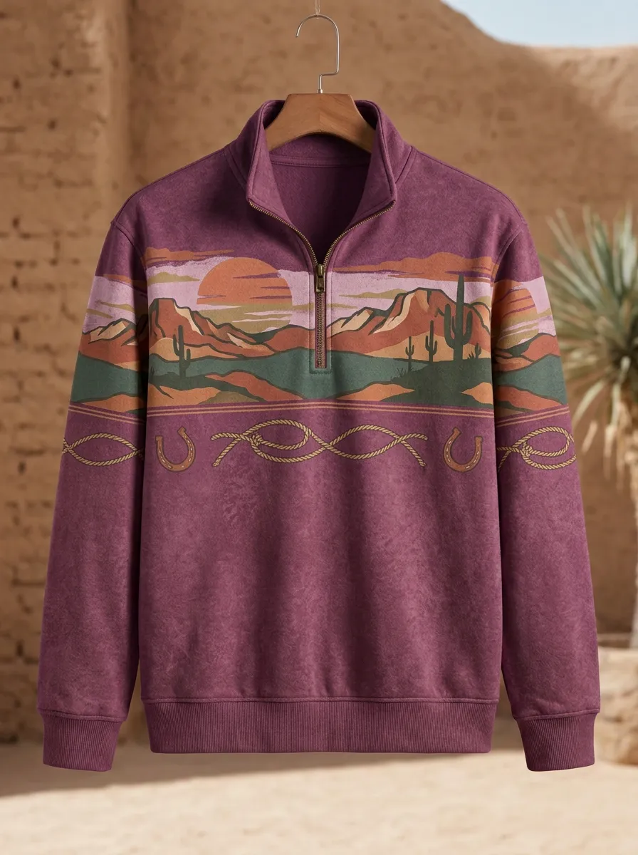 Men's Western Horseshoe Horse Cactus Desert Quarter-Zip Sweatshirt