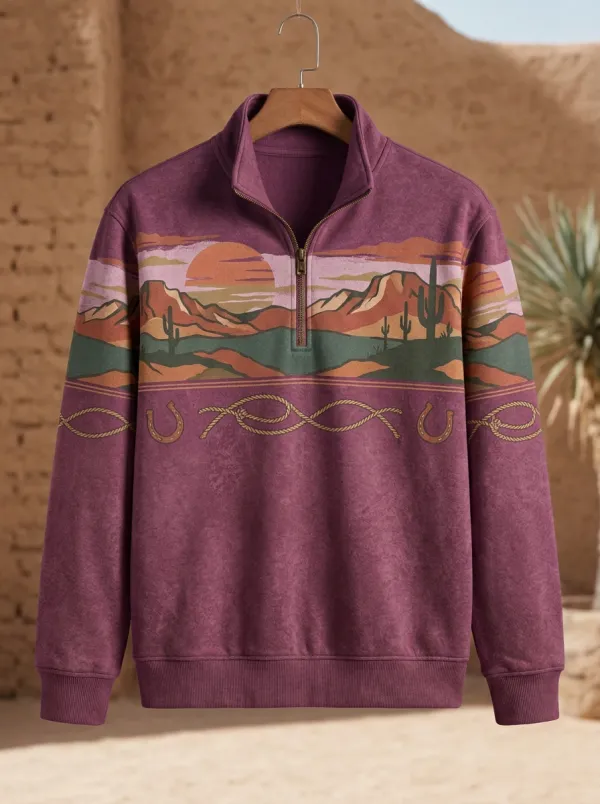 Men's Western Horseshoe Horse Cactus Desert Quarter-Zip Sweatshirt