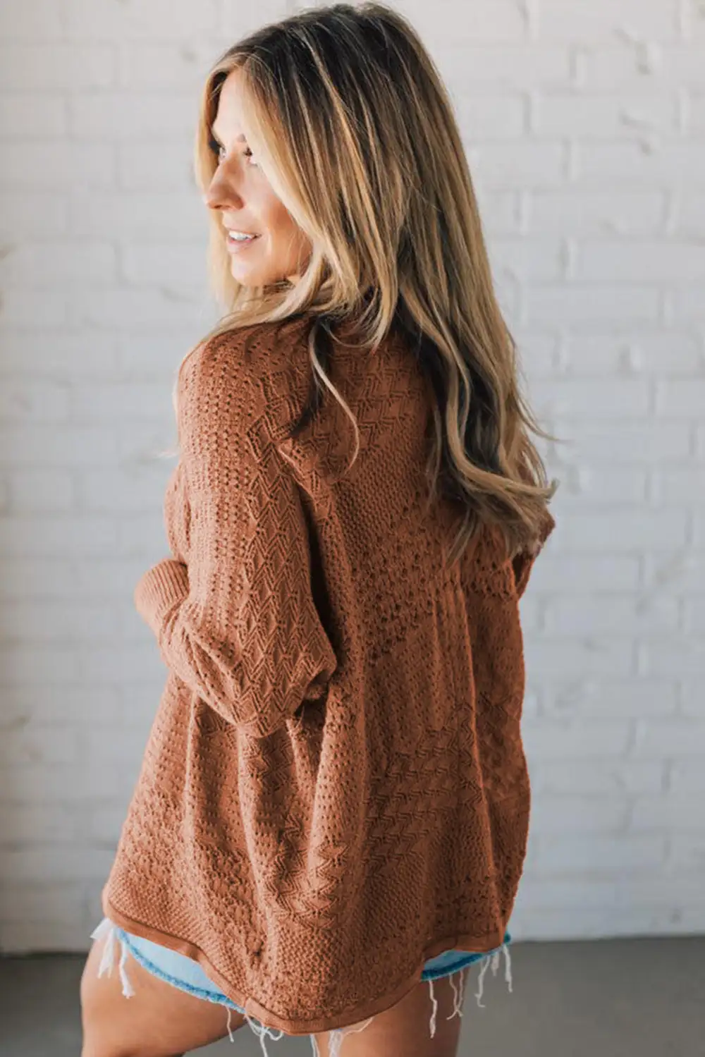 Mix Pattern Openwork Knit Open Front Everyday Layer Cardigan