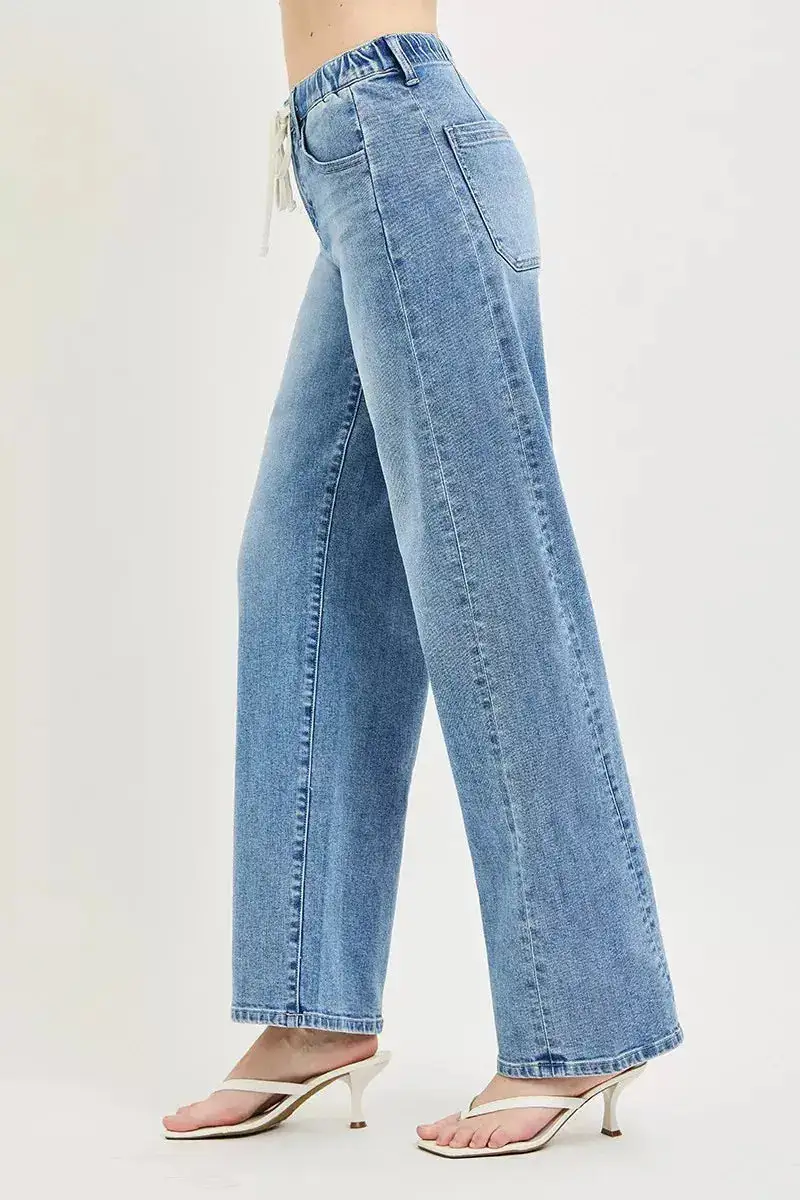 Wide Leg Drawstring Cropped Pocketed Denim Jeans