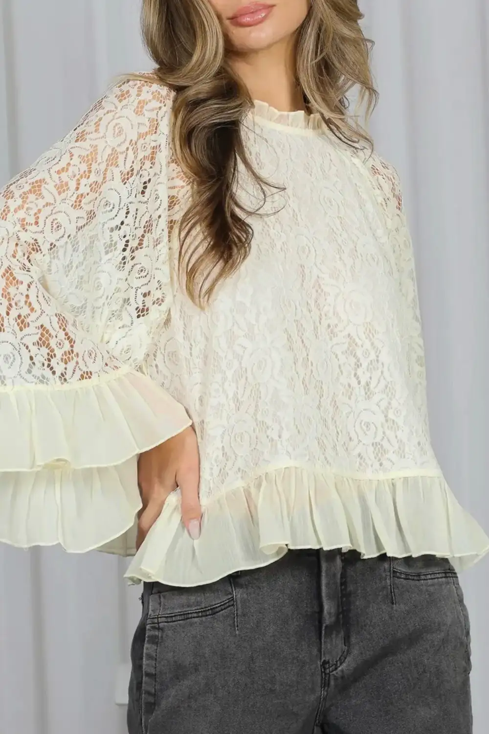 Soft Lace Detail Ruffle Sleeve Blouse