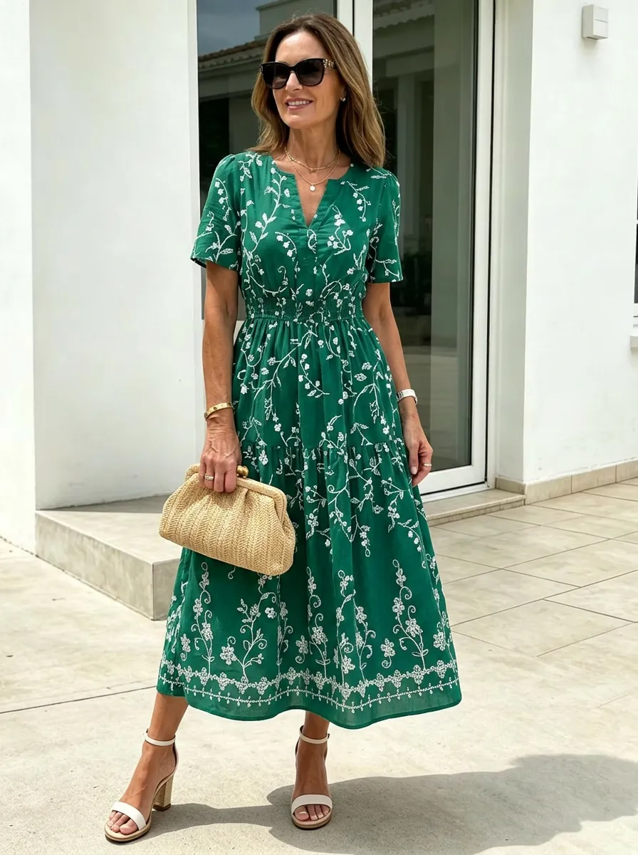 Women's Summer Vacation White Floral Green Printed Midi Dress