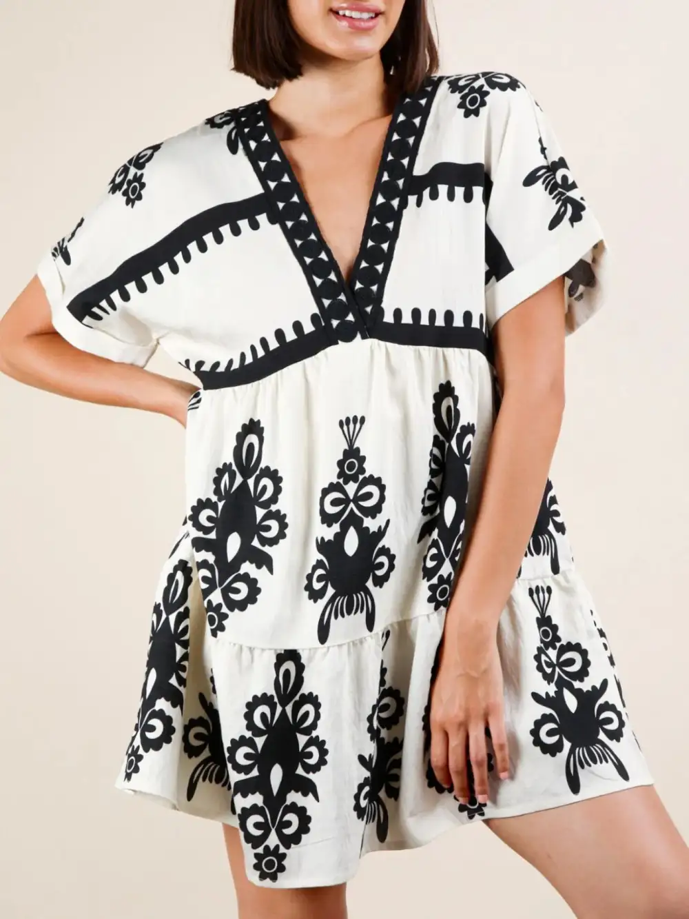 Printed V Neck Short Sleeve Mini Dress
