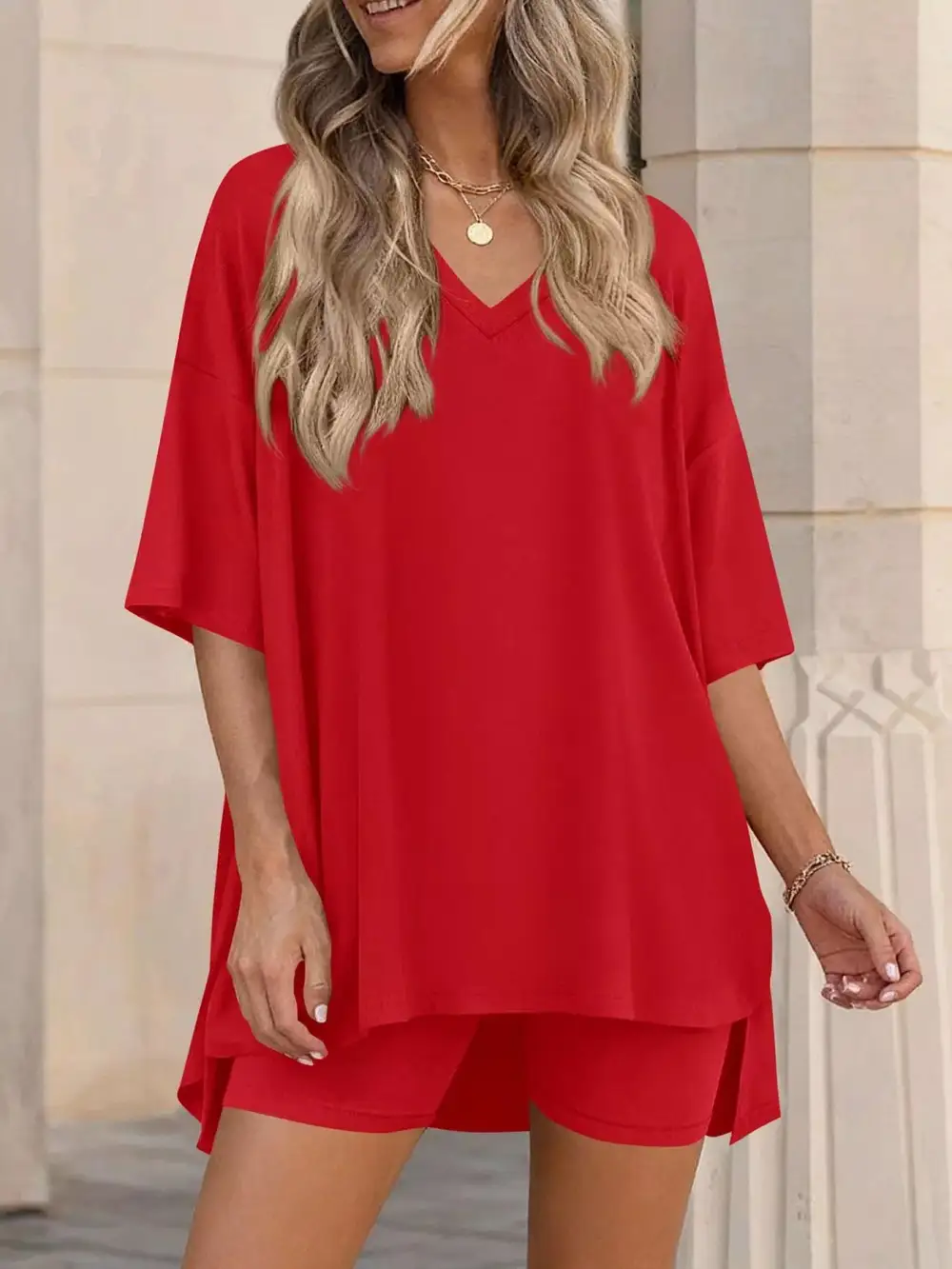 Casual Loose V Neck T Shirt Shorts Sets