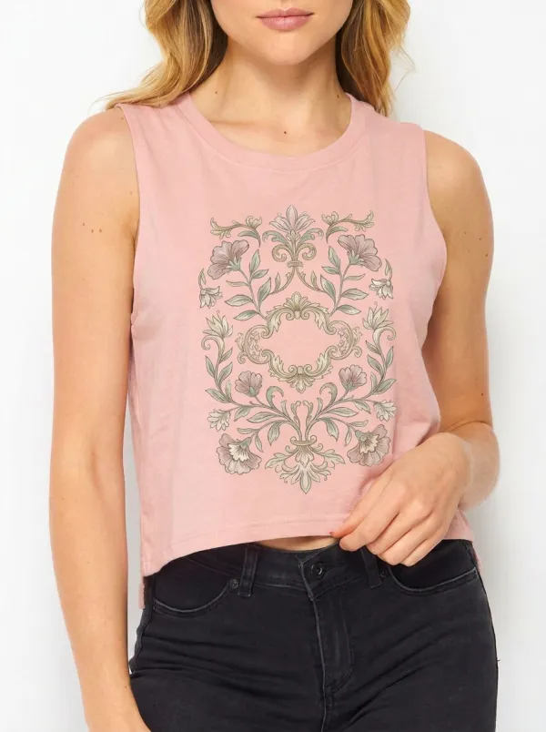 Women's Vintage Floral Damask Printed Crop Tank Top