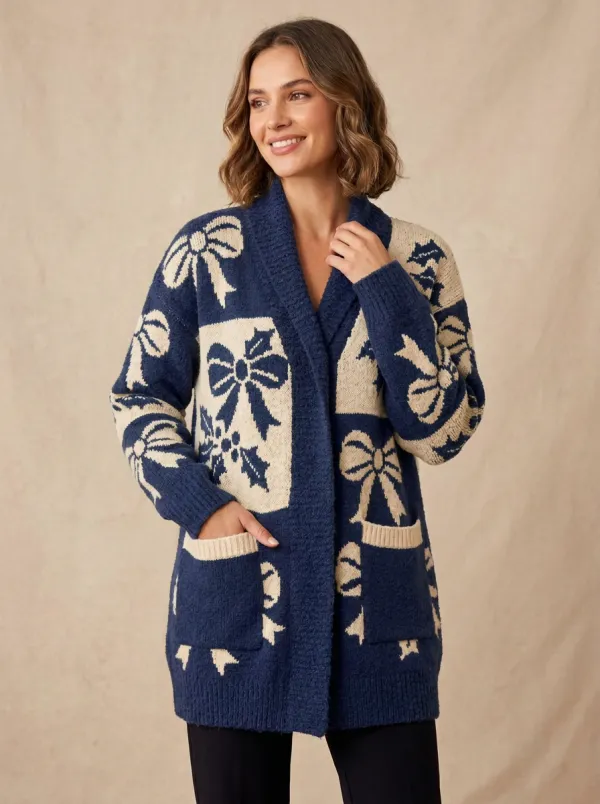 Women's Christmas Holiday Bow Pattern Knitted Cardigan