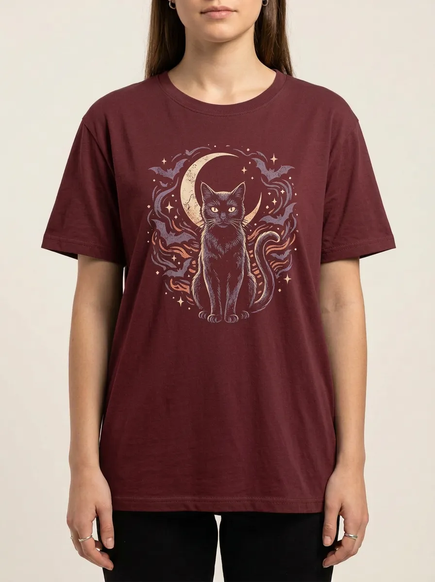 Women's Halloween Black Cat Moon Bats Printed T-shirt