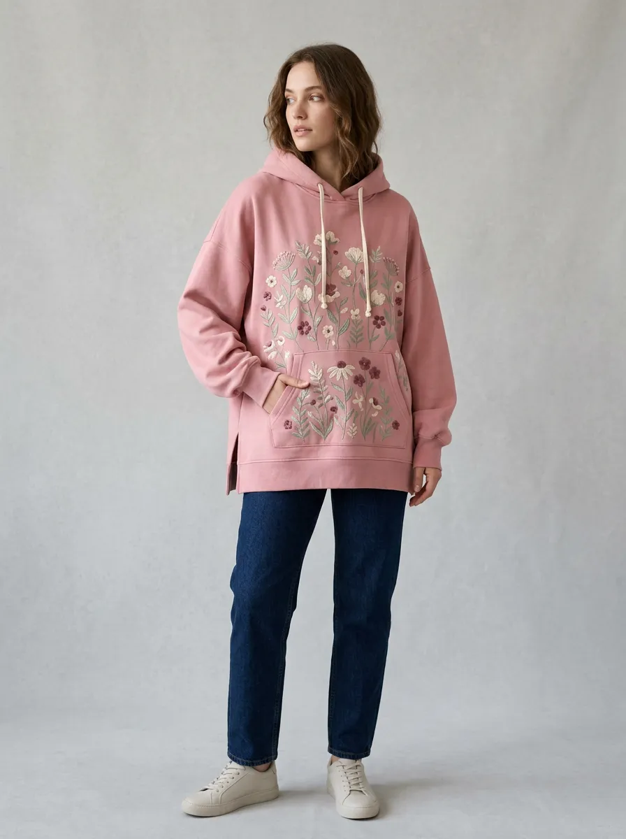 Women's Dusty Rose Floral Embroidered Denim Kangaroo Pocket Off-White Drawstring Hoodie
