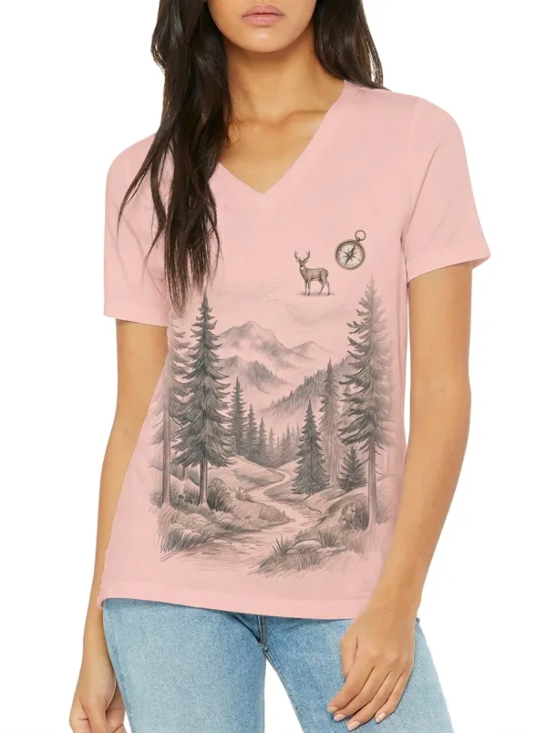 Women's Nature Hiking Lover Deer Compass Mountain Printed V-neck T-shirt