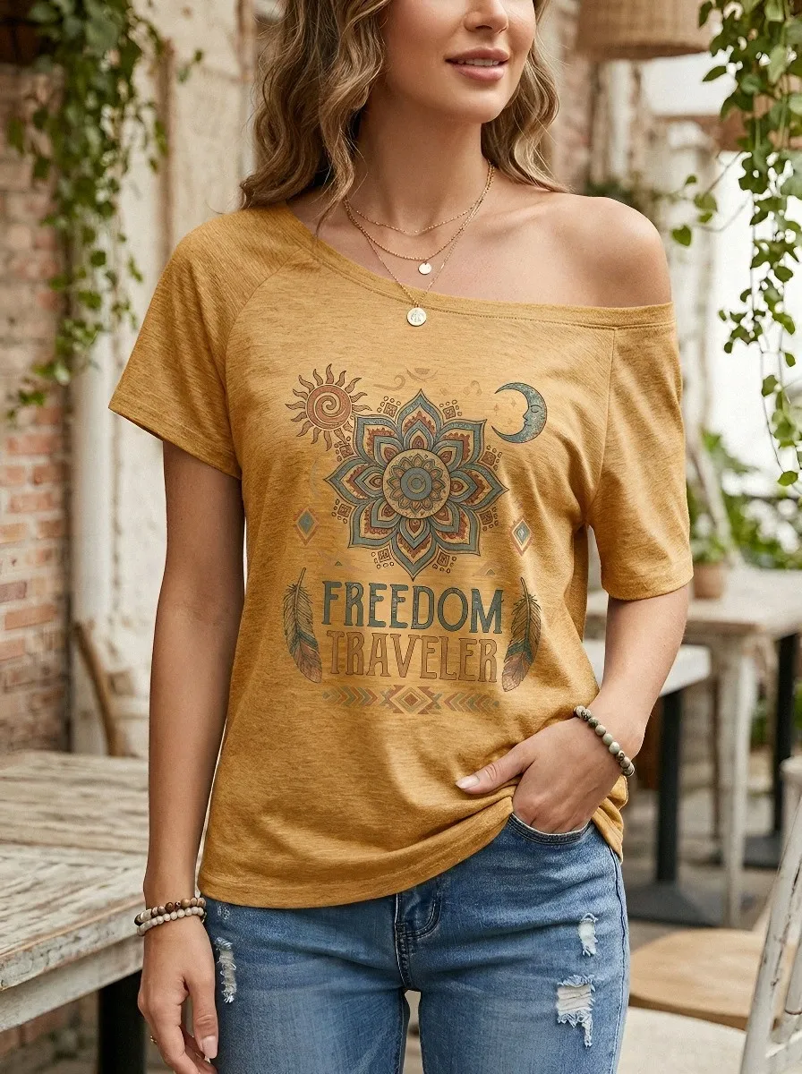 Women's Bohemian Traveler Mandala Sun Moon Printed T-shirt