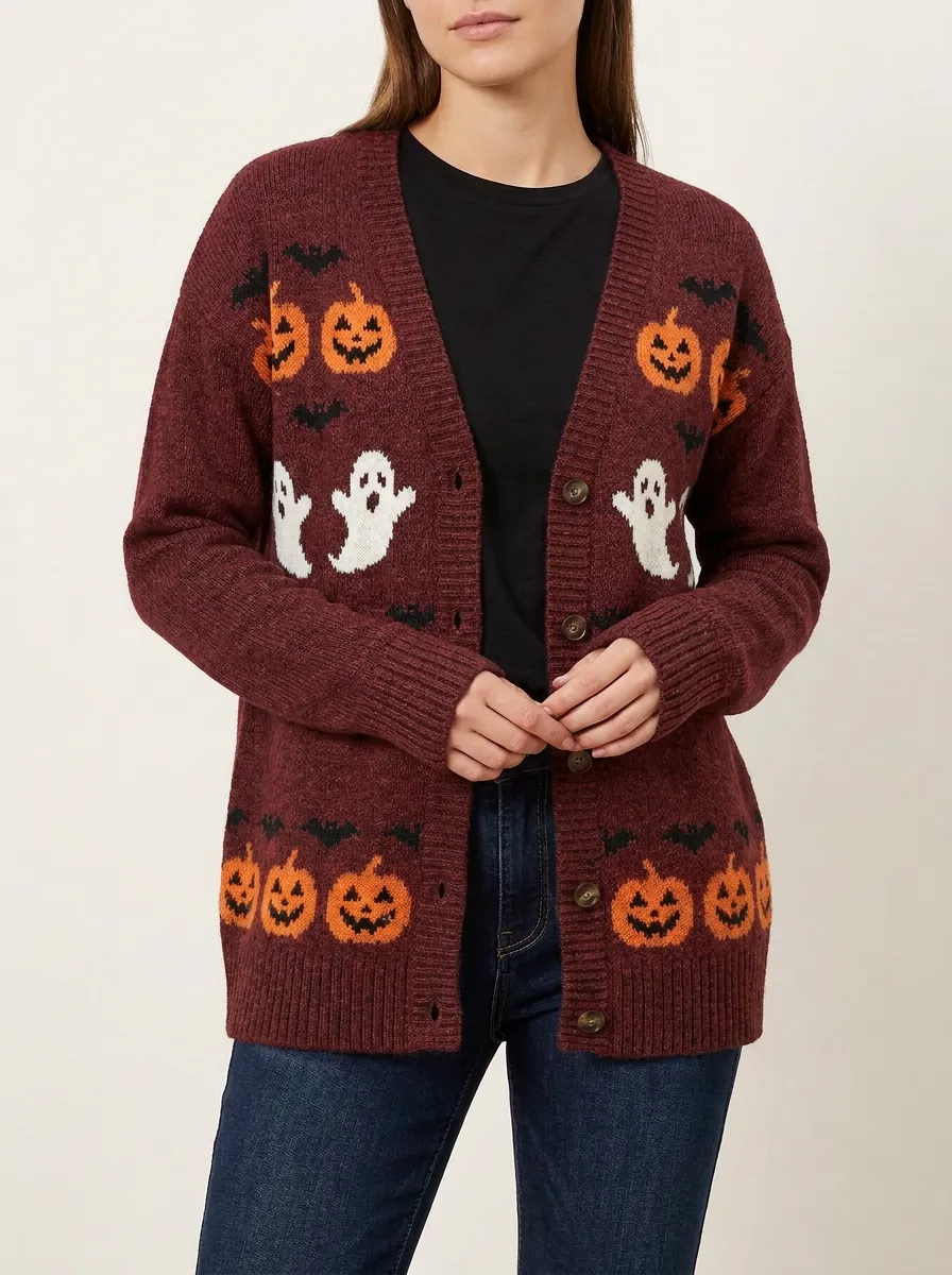 Women's Pumpkin Ghost Bat Halloween Knit Cardigan
