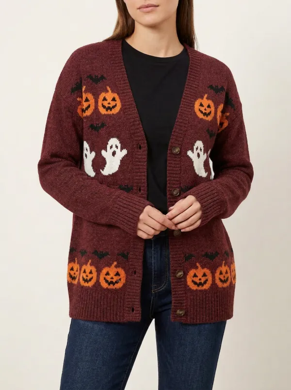 Women's Pumpkin Ghost Bat Halloween Knit Cardigan