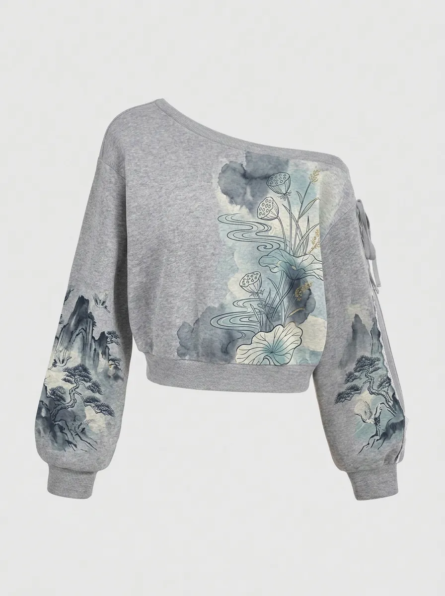 Women's Oriental Art Lotus Crane Landscape Printed Off-Shoulder Sweatshirt