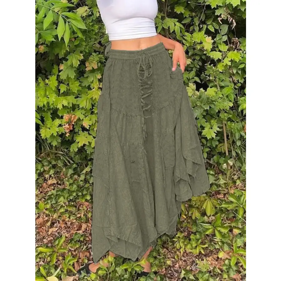 Asymmetrical Hem Midi Skirt with Drawstring Waist