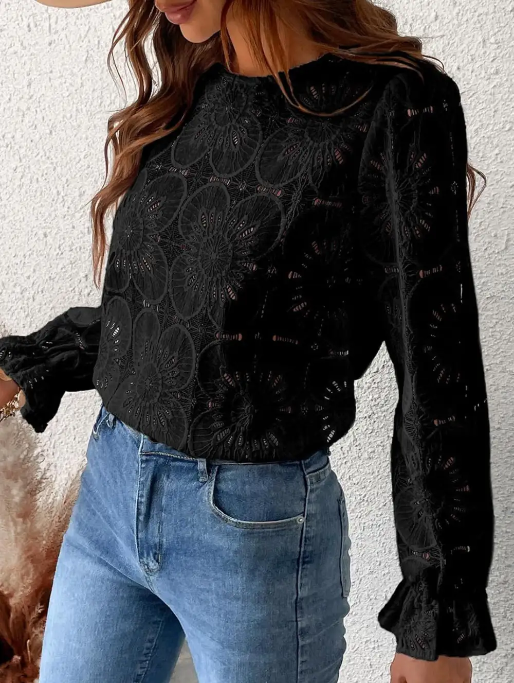 Openwork Lace Long Sleeve Blouse