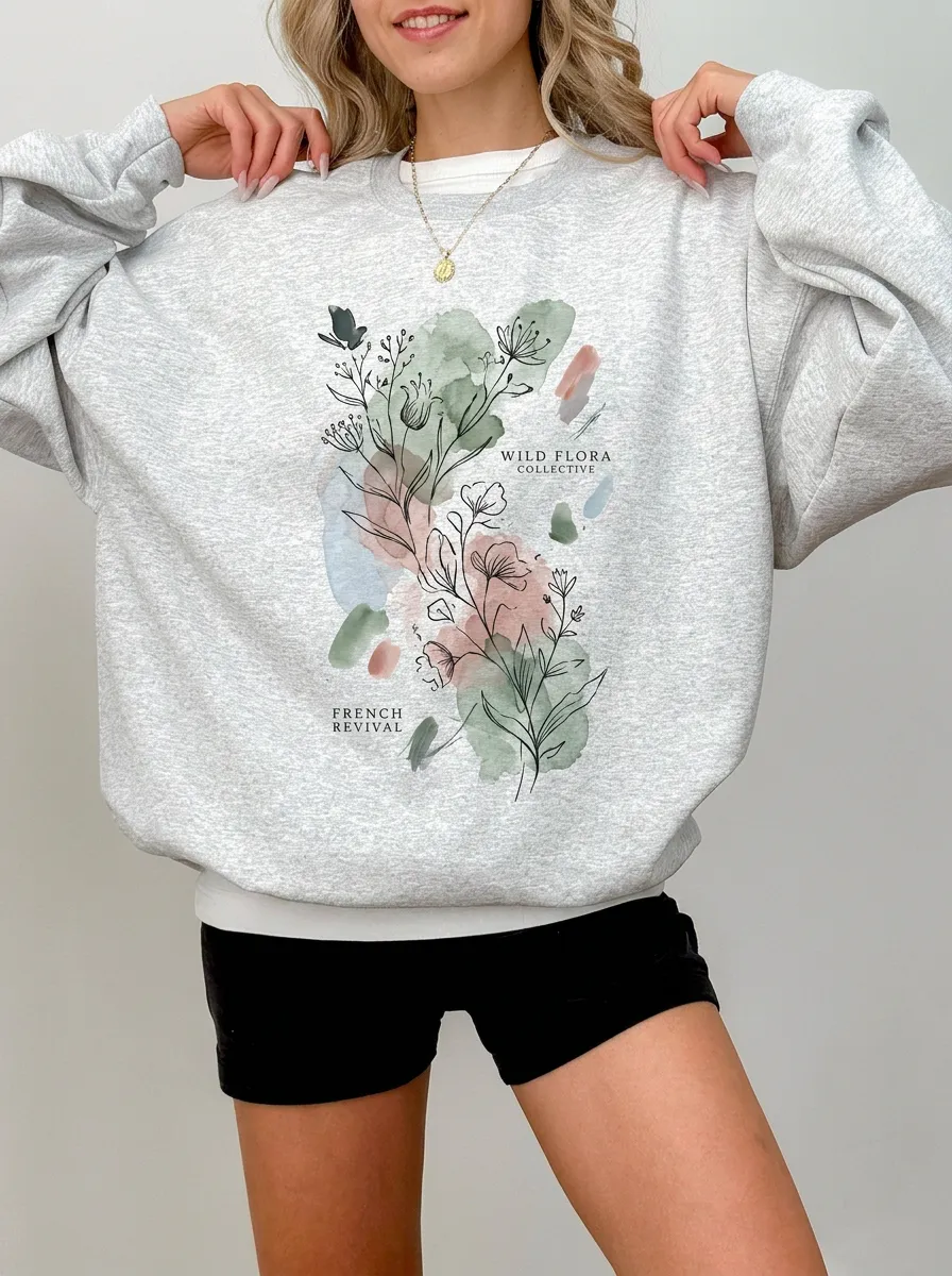 Women's Botanical Wild Flora French Revival Watercolor Printed Sweatshirt