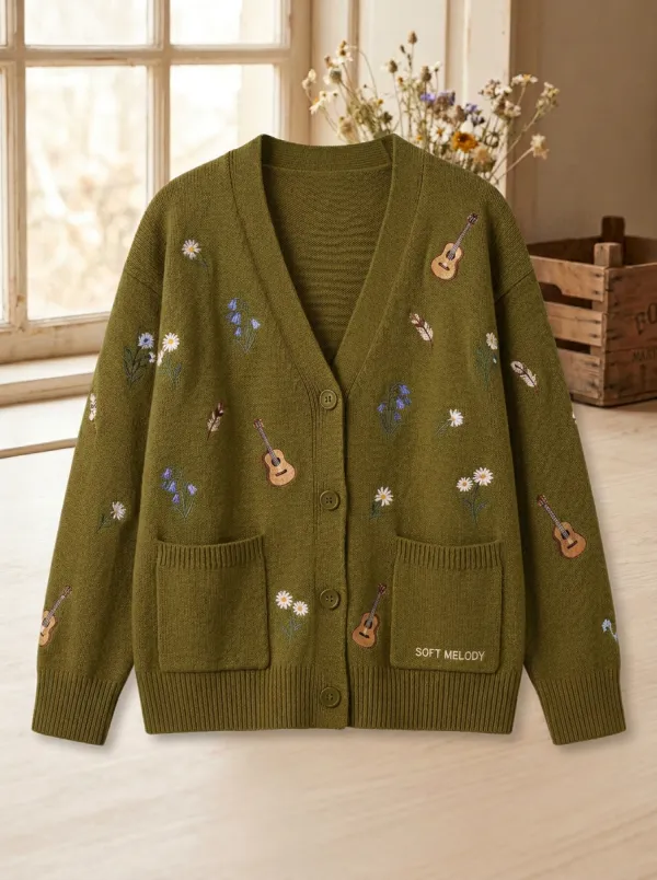 Guitar Embroidered Country Music Cardigan