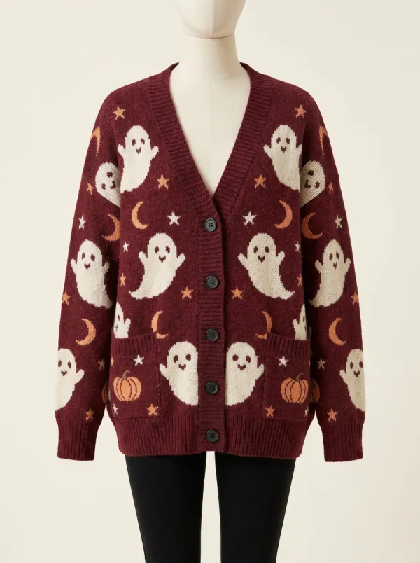 Women's Halloween Ghost Pumpkin Moon Star Patterned Knit Cardigan