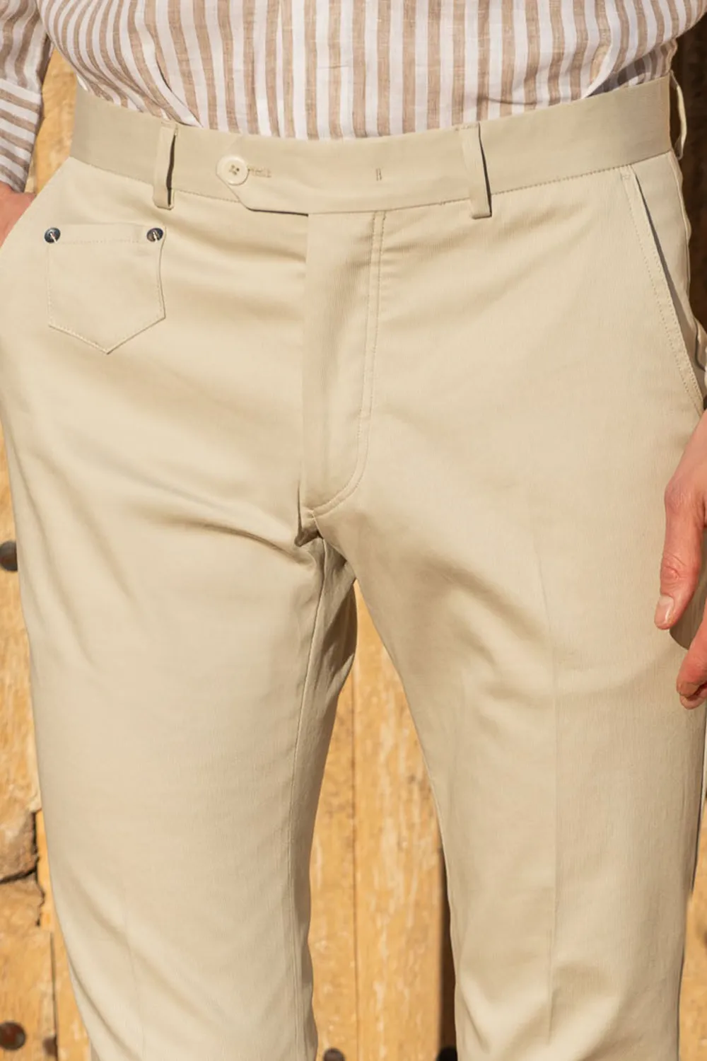 Ecru Cotton High Waist Trousers