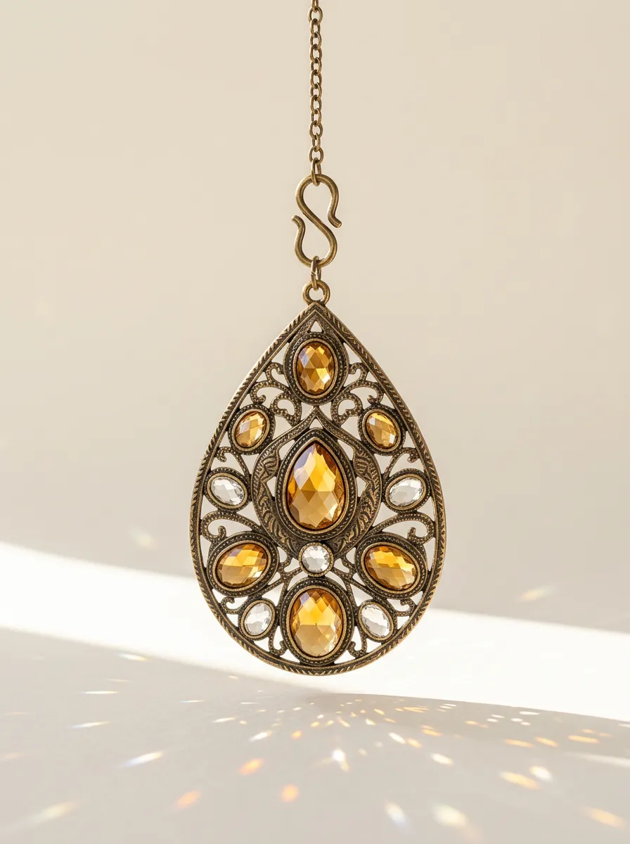 Vintage Amber Crystal Teardrop Suncatcher Pendant
