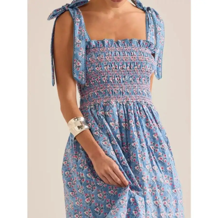 Smocked Tie-Shoulder Midi Dress