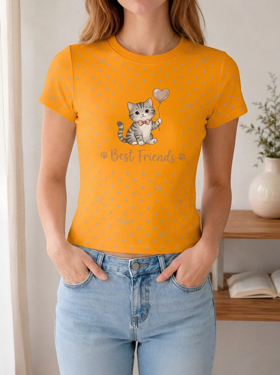 Women's Cat Lover Best Friends Heart Balloon Printed T-shirt