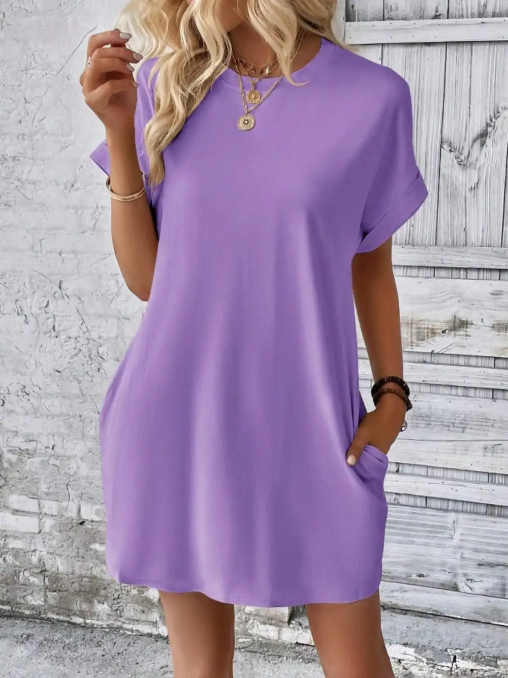 Round-Neck Short-Sleeve Cotton Casual Dress