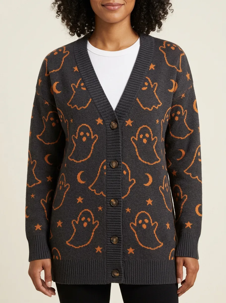 Women's Halloween Ghost Moon Star Patterned Knit Cardigan