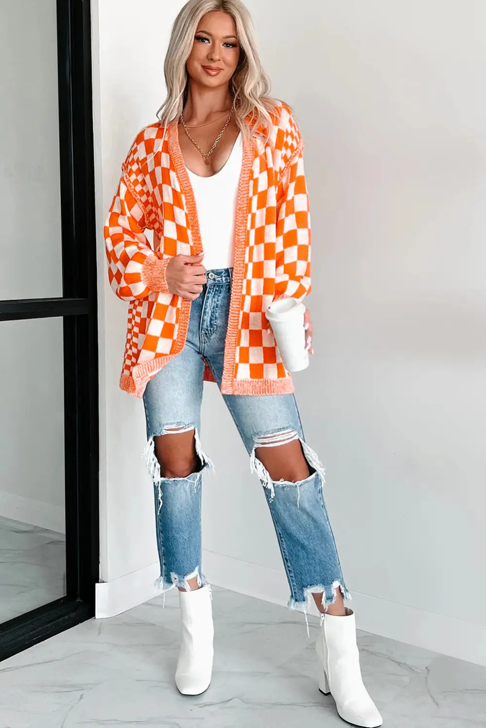Checkered Open Front Drop Shoulder Relaxed Layer Cardigan