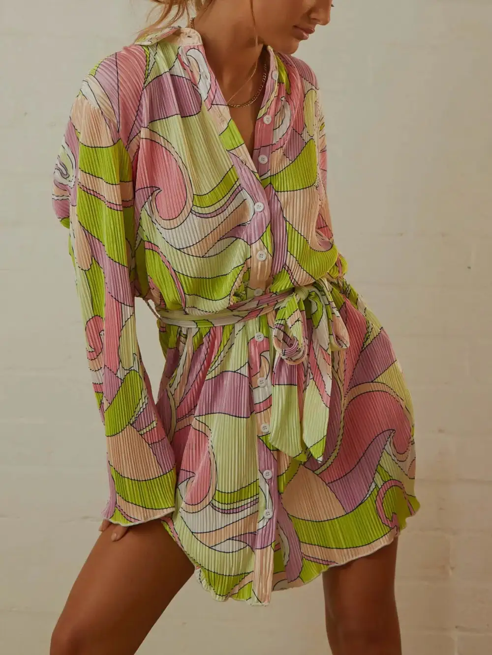 Long-Sleeve Cotton Printed Mini Dress
