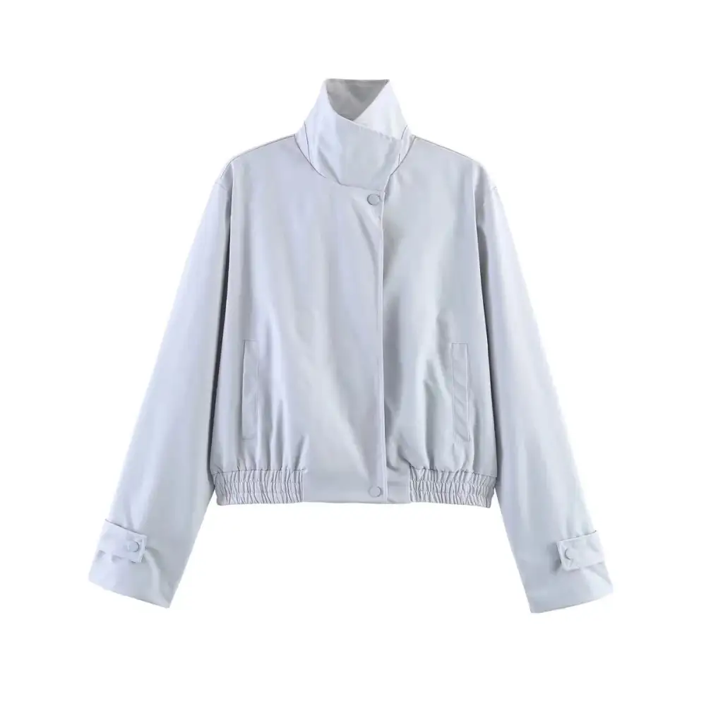 Cropped Stand Collar Snap Front Elastic Hem Bomber Jacket