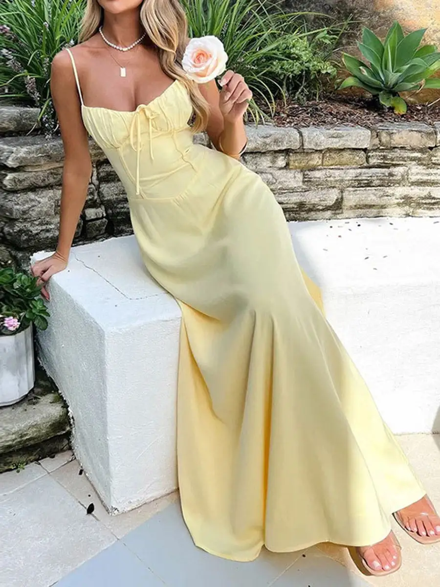 Drawstring Pleated Neck Maxi Dress