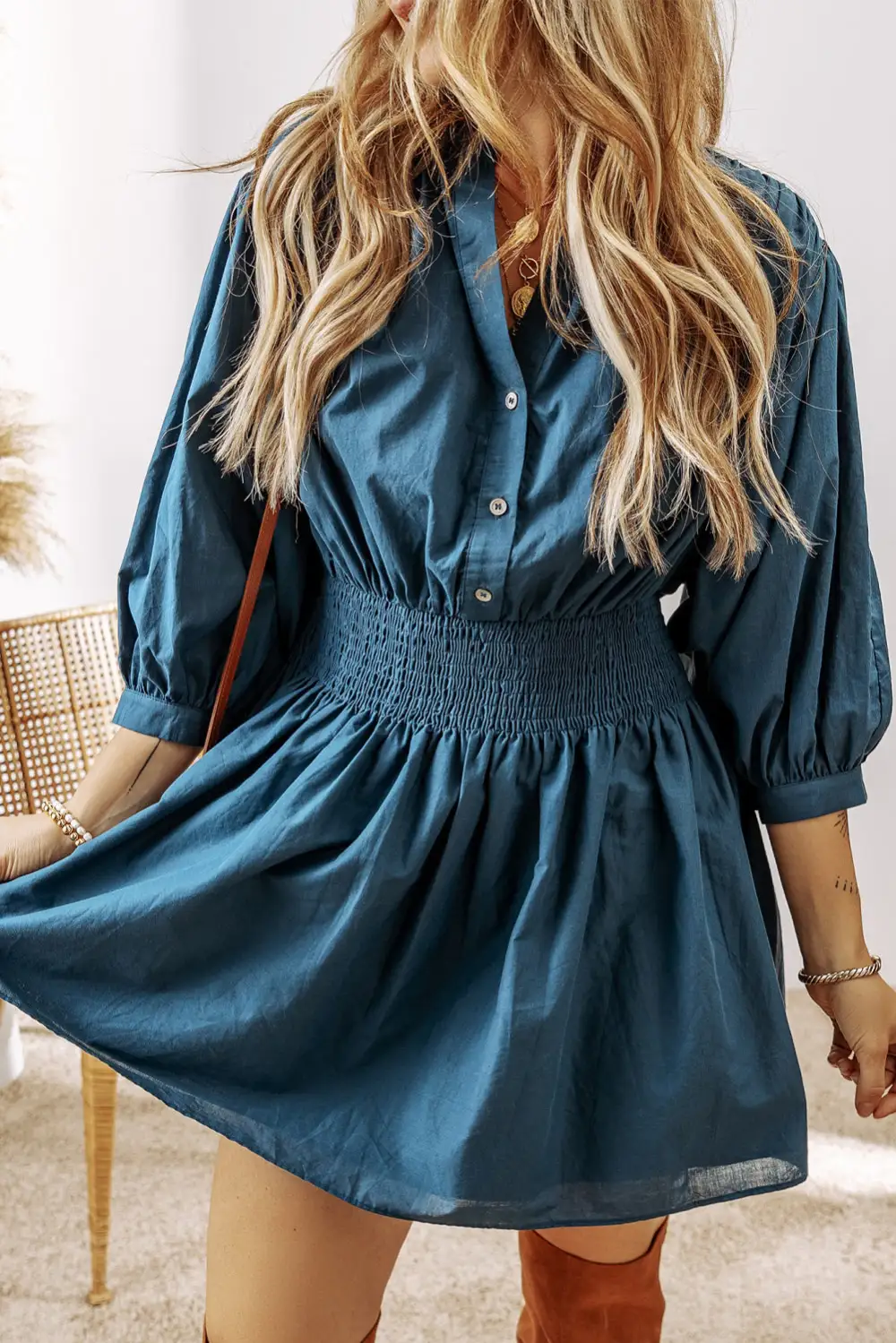 Shirred Button Front Mini Dress