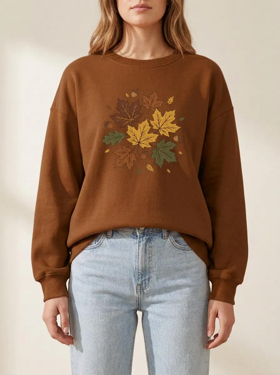 Layered Maple-Leaf Printed Acorn Graphic Sweatshirt