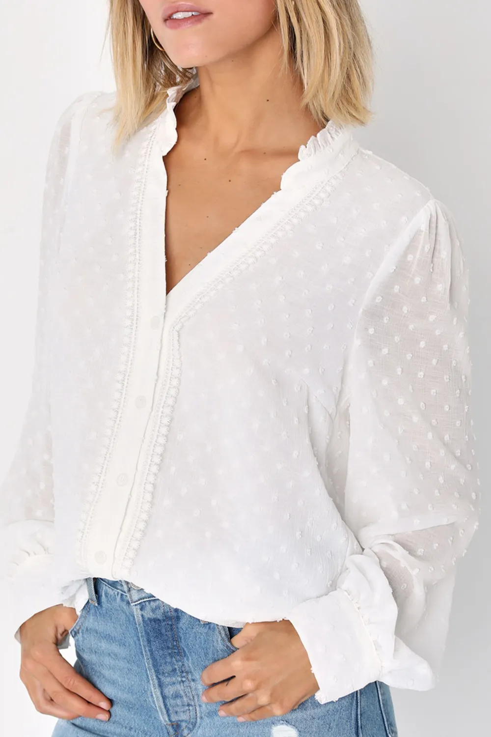 V-neck Button-Up Long Sleeve Top